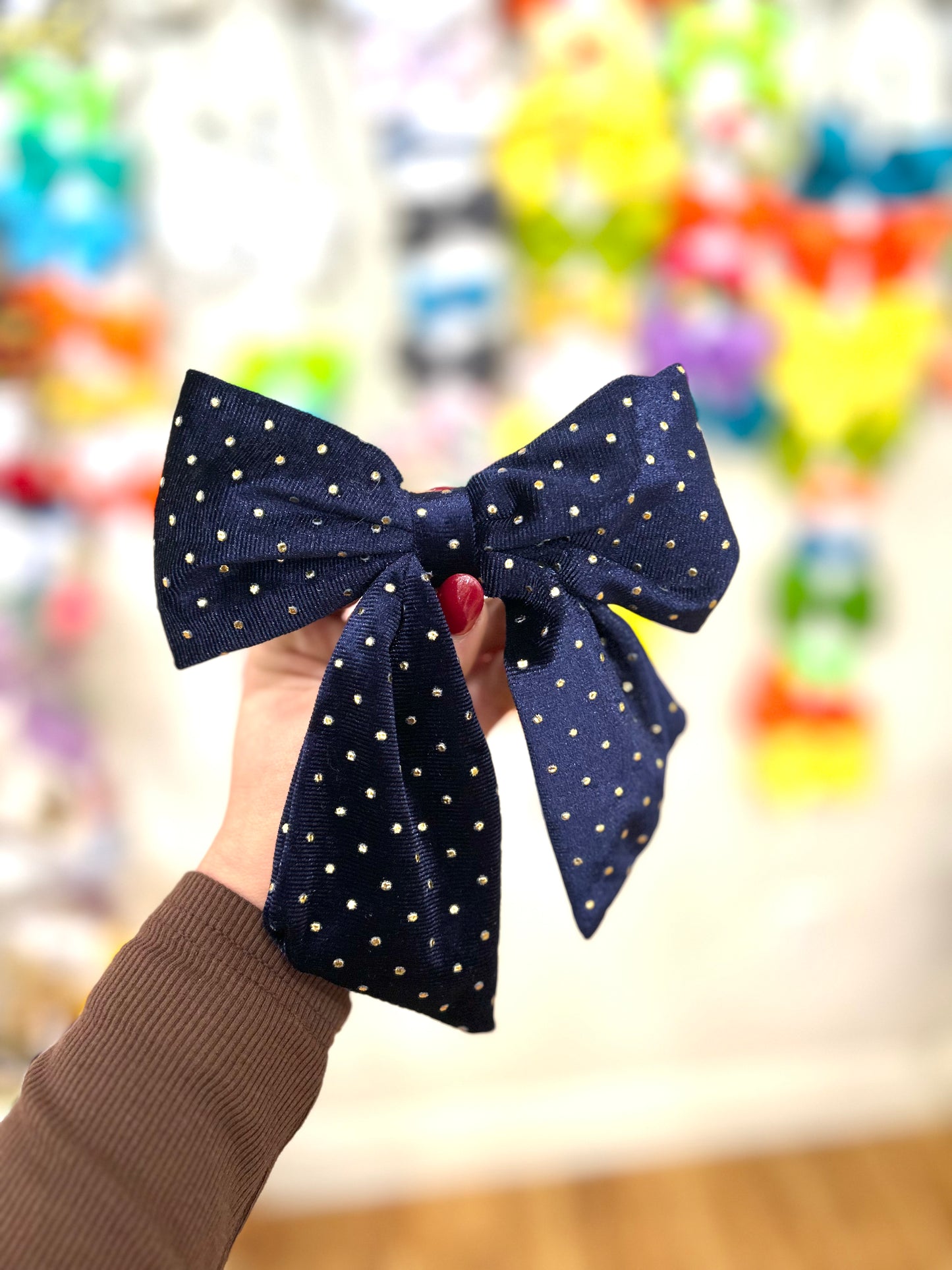 Velvet Hair Bow with Gold Dots