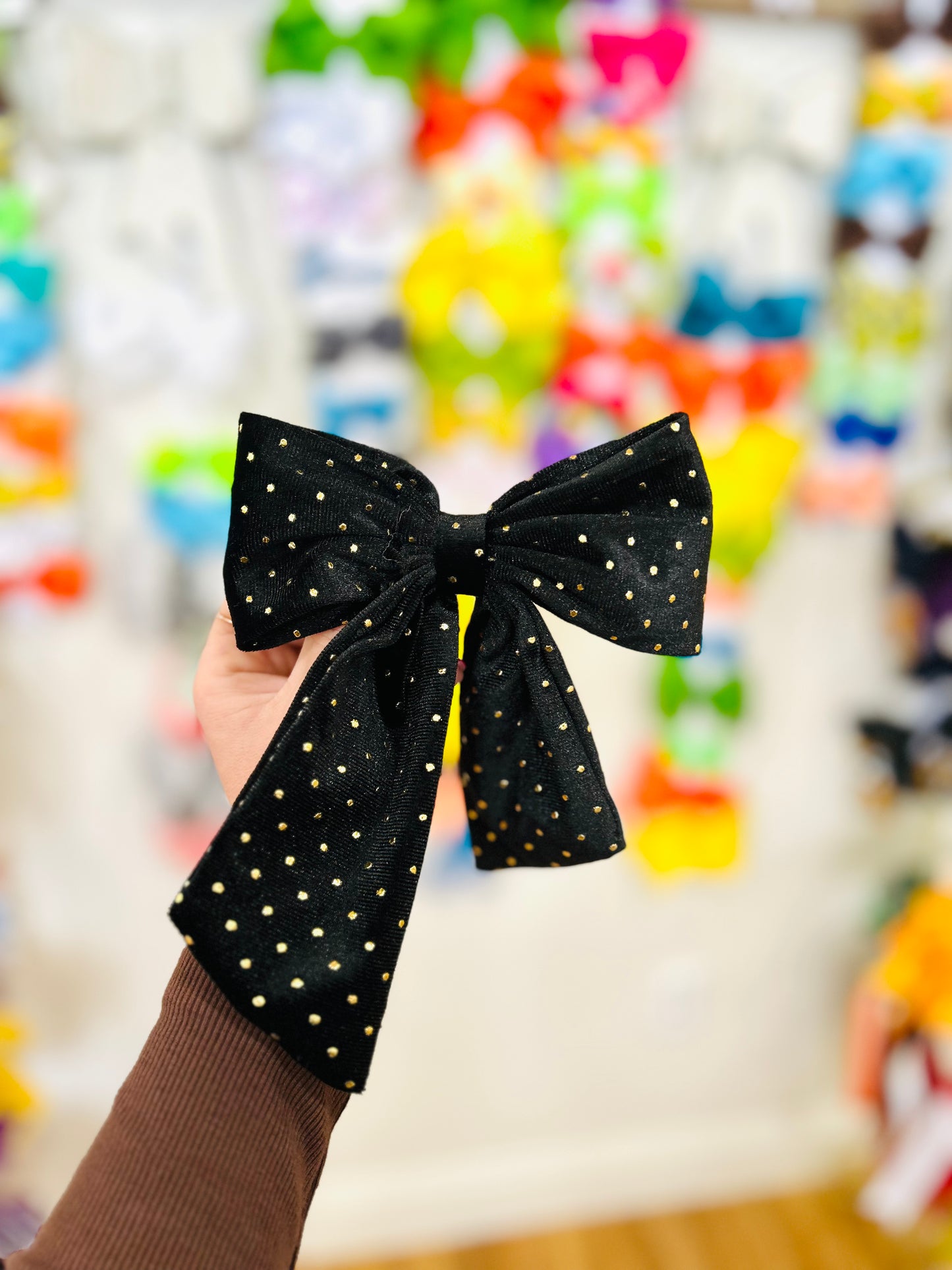 Velvet Hair Bow with Gold Dots