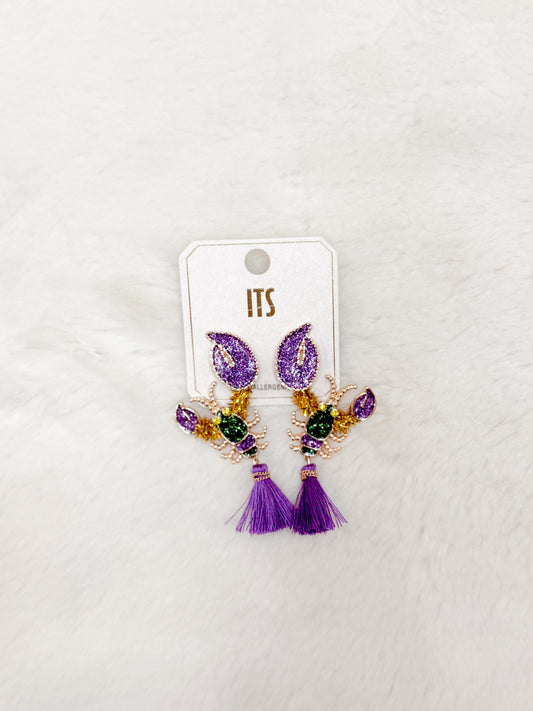 Mardi Gras Crawfish with Tassel Earrings