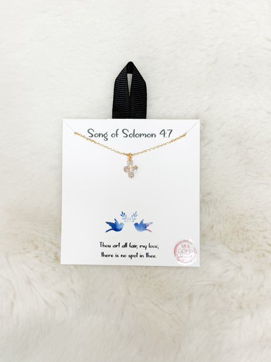 Song of Soloman 4:7 Gold Rhinestone Cross Necklace