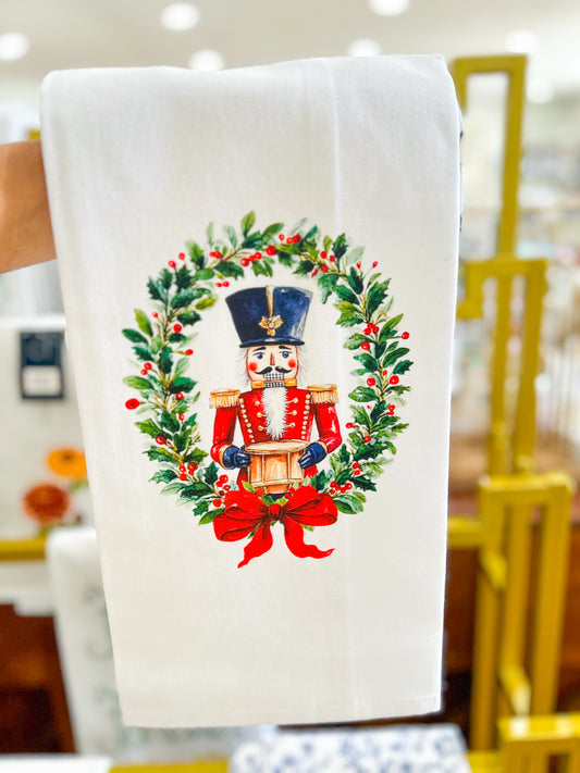 Red Wreath Nutcracker with Blue Hat Hand Towel