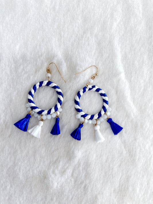 Blue and White Tassel Dangle Earrings