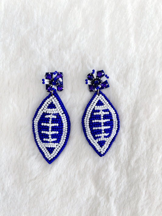 Blue and White Beaded Football Earrings