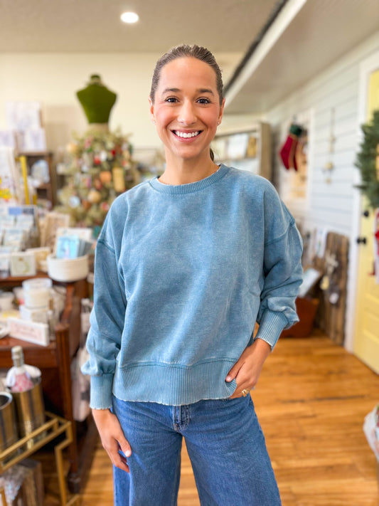 Acid Wash Fleece Oversized Pullover- Blue Grey
