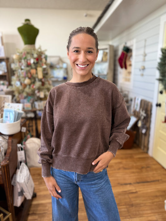 Acid Wash Fleece Oversized Pullover- Chocolate