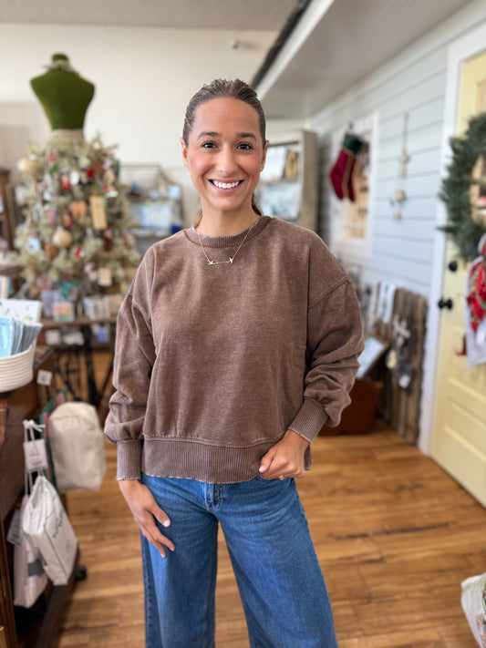 Acid Wash Fleece Oversized Pullover- Mocha