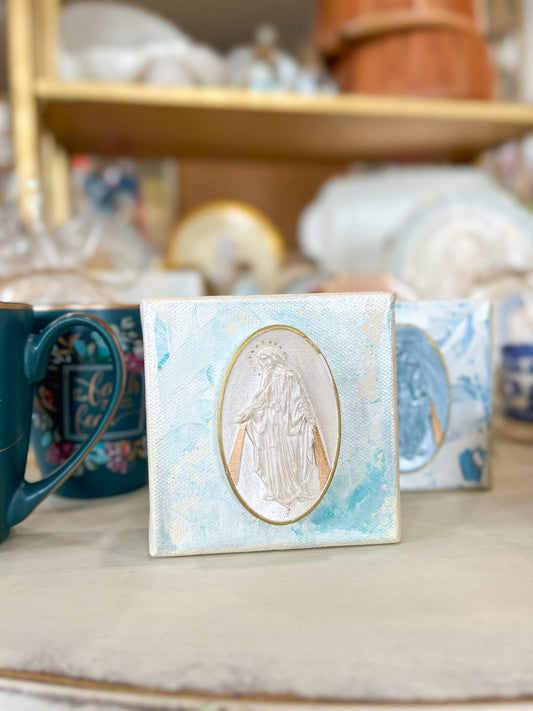 Our Lady of the Miraculous Medal on 4x4 Ivory on Blue Background