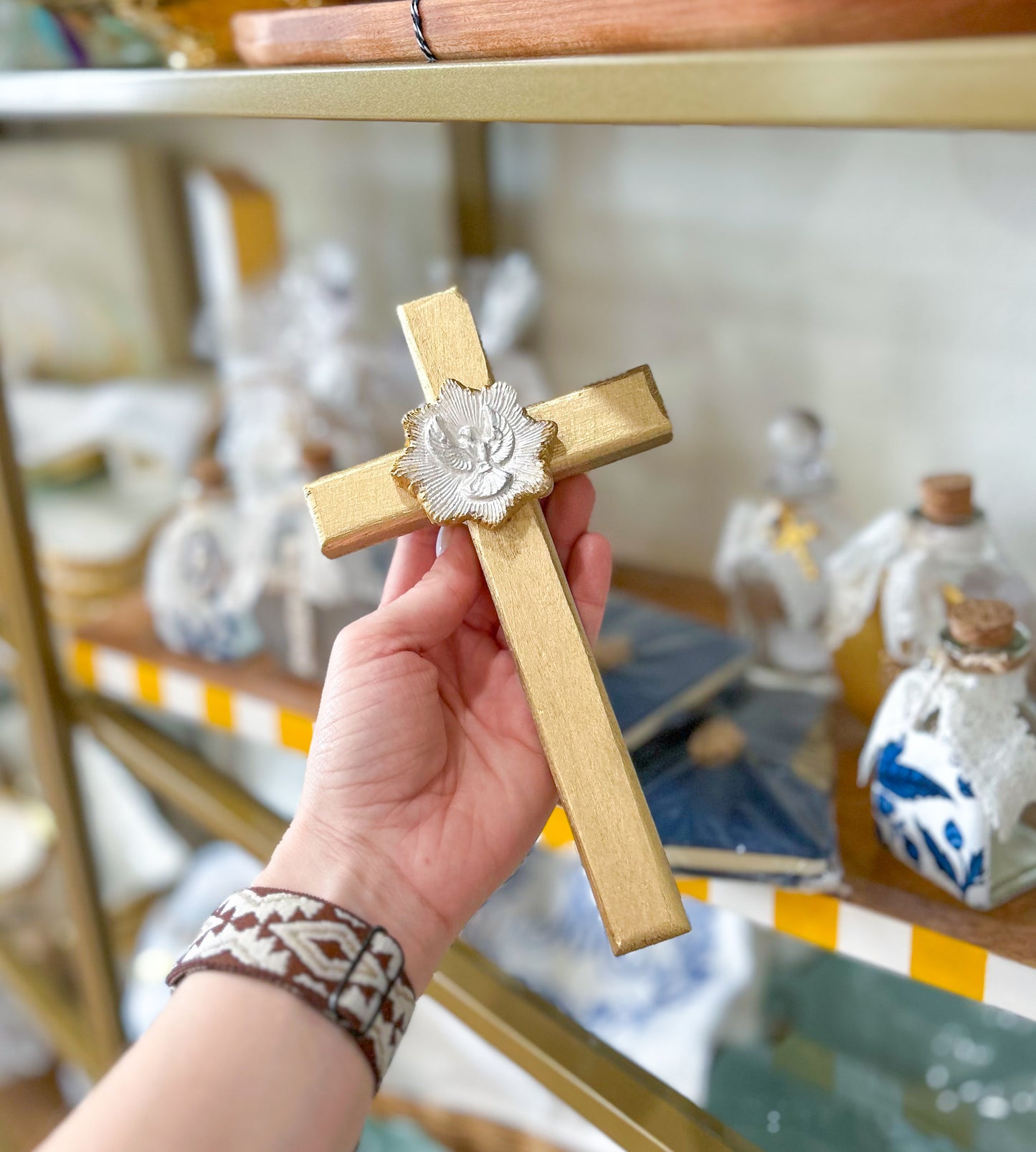 Gold Wooden Cross with Holy Spirit