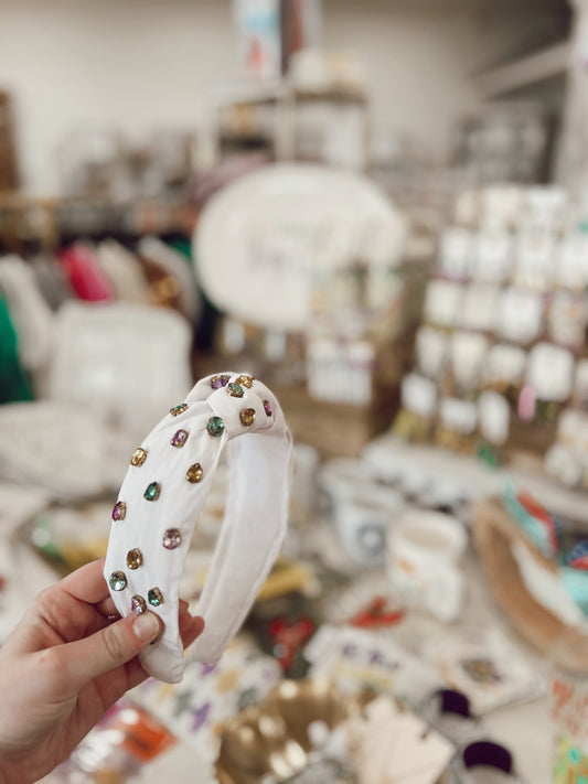 White Mardi Gras Headband with Jewels