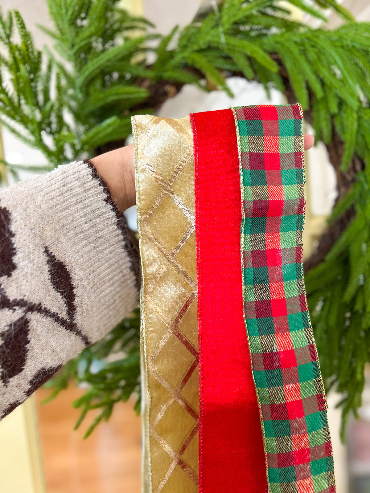 Plaid Tidings Wreath Ribbon Trio Style