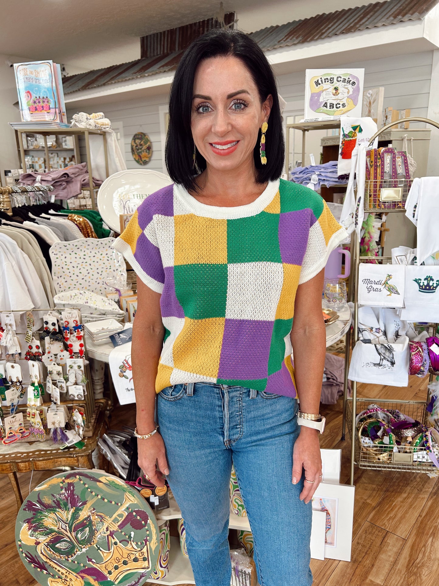 Mardi Gras Checker Kint Sweater