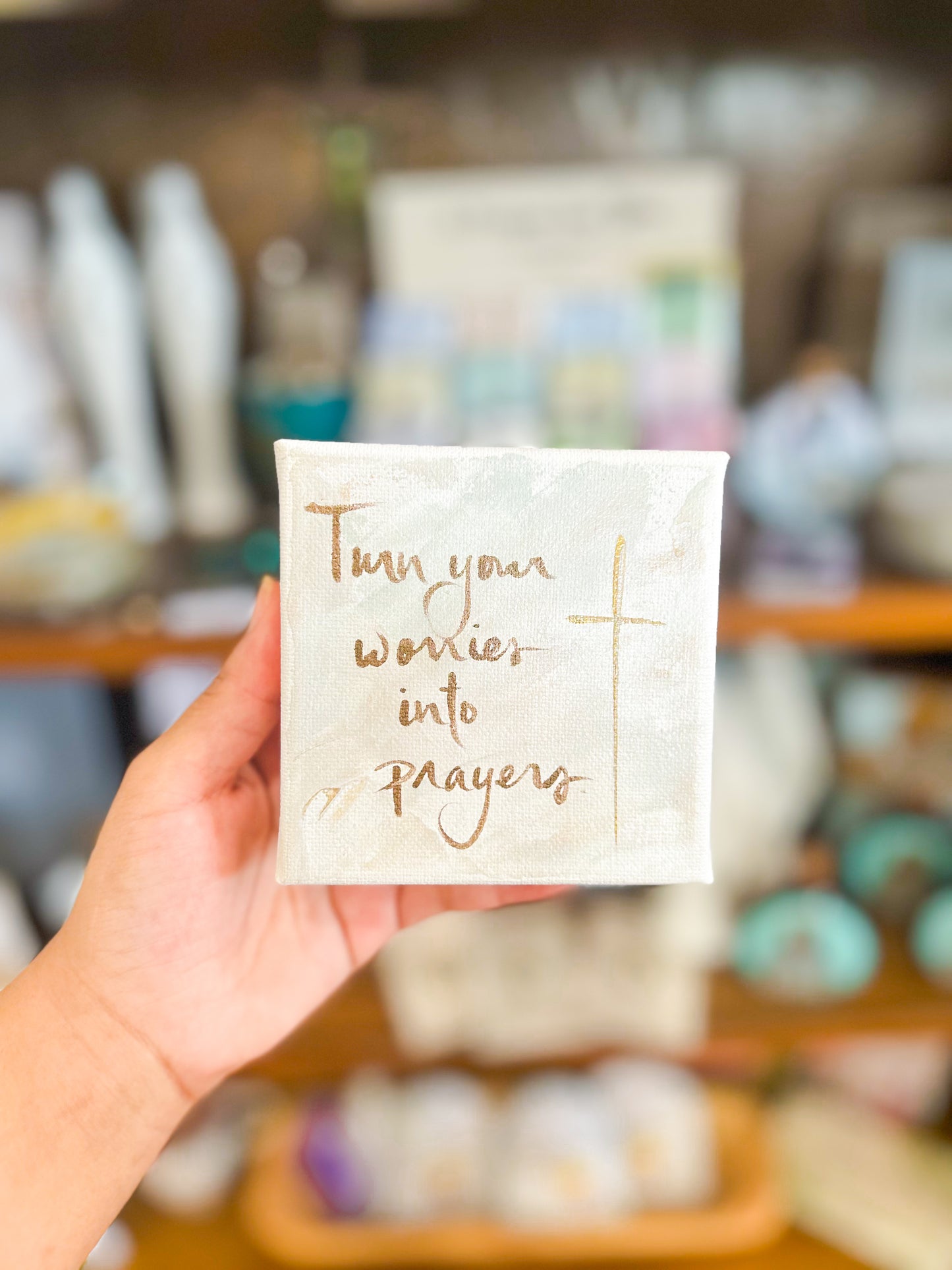 4x4 Turn Your Worries into Prayers Grey and Gold Canvas Art