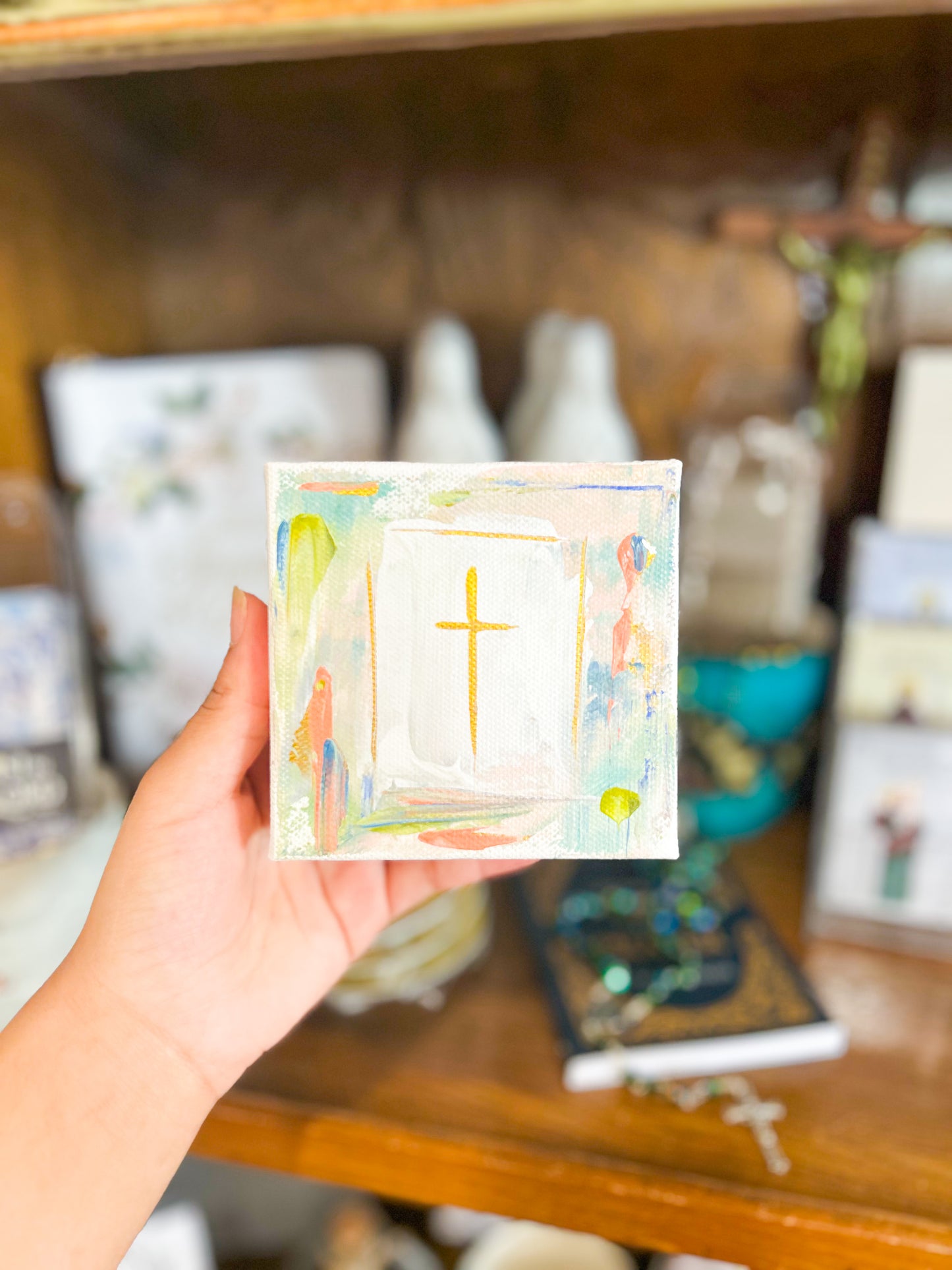 4x4 Gold Cross with White and Pastel Background Canvas Art