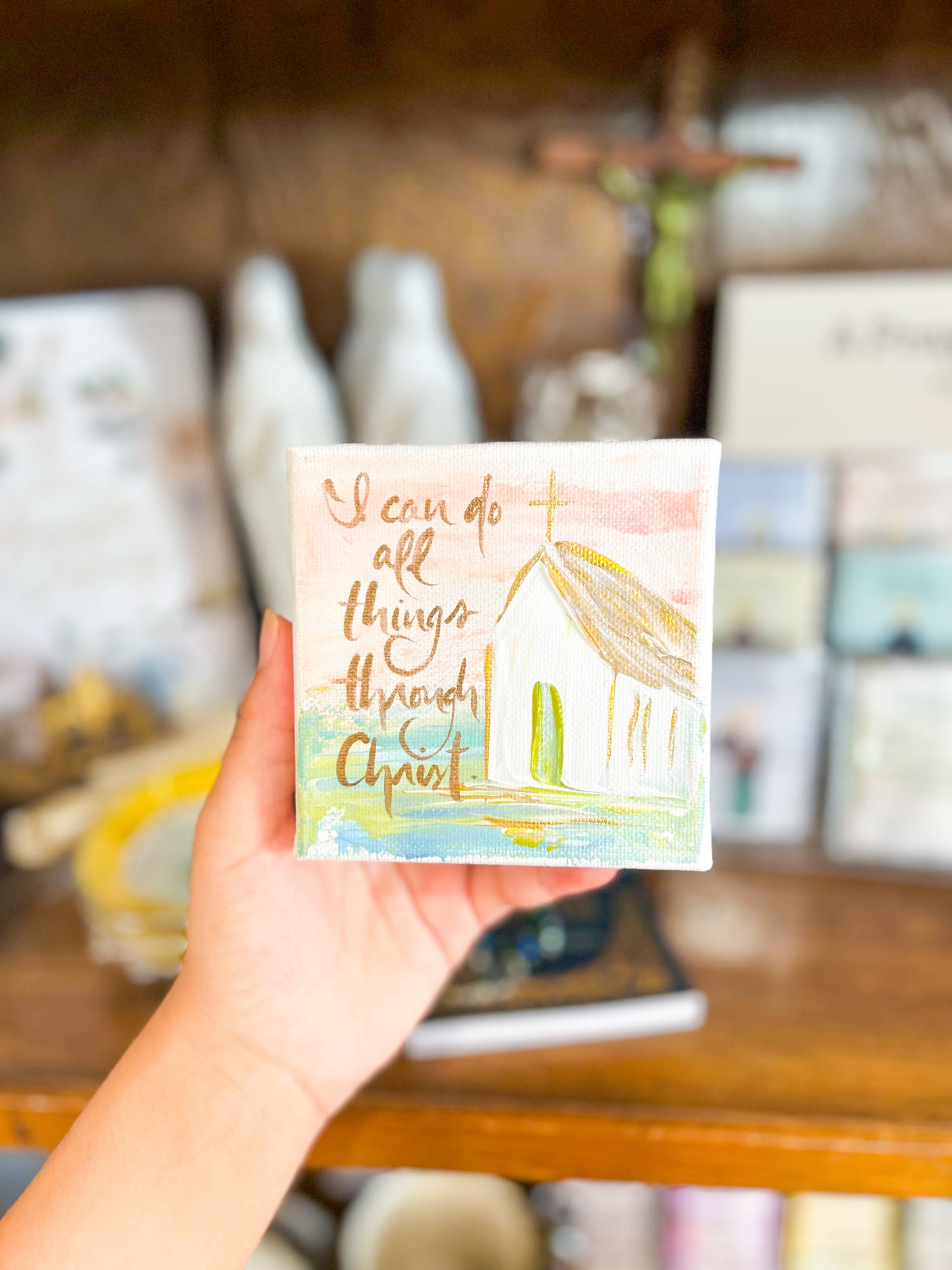 4x4 I Can Do All Things Through Christ White Chapel Pastel Background Canvas Art