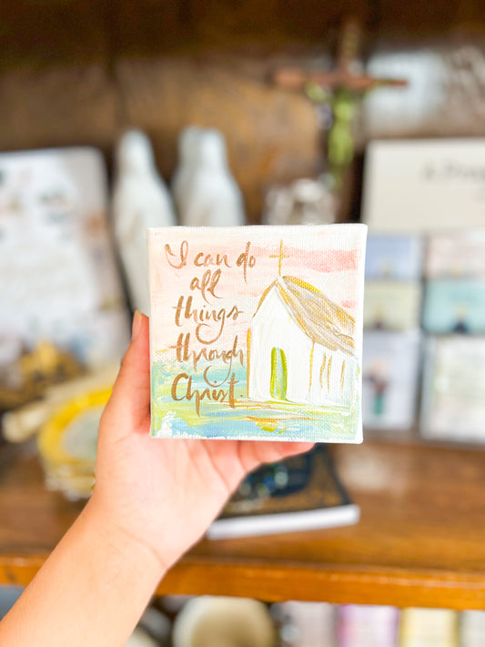 4x4 I Can Do All Things Through Christ White Chapel Pastel Background Canvas Art