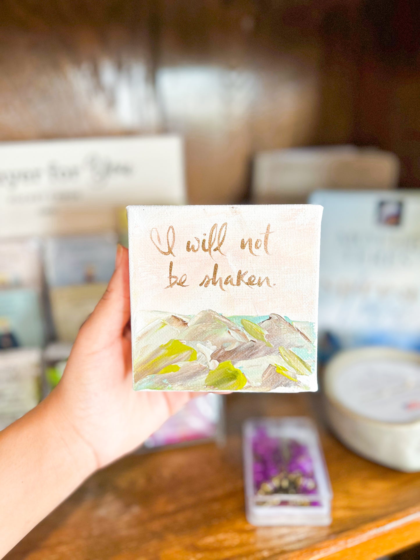 4x4 I Will Not Be Shaken Mountains with Pink Background Canvas Art