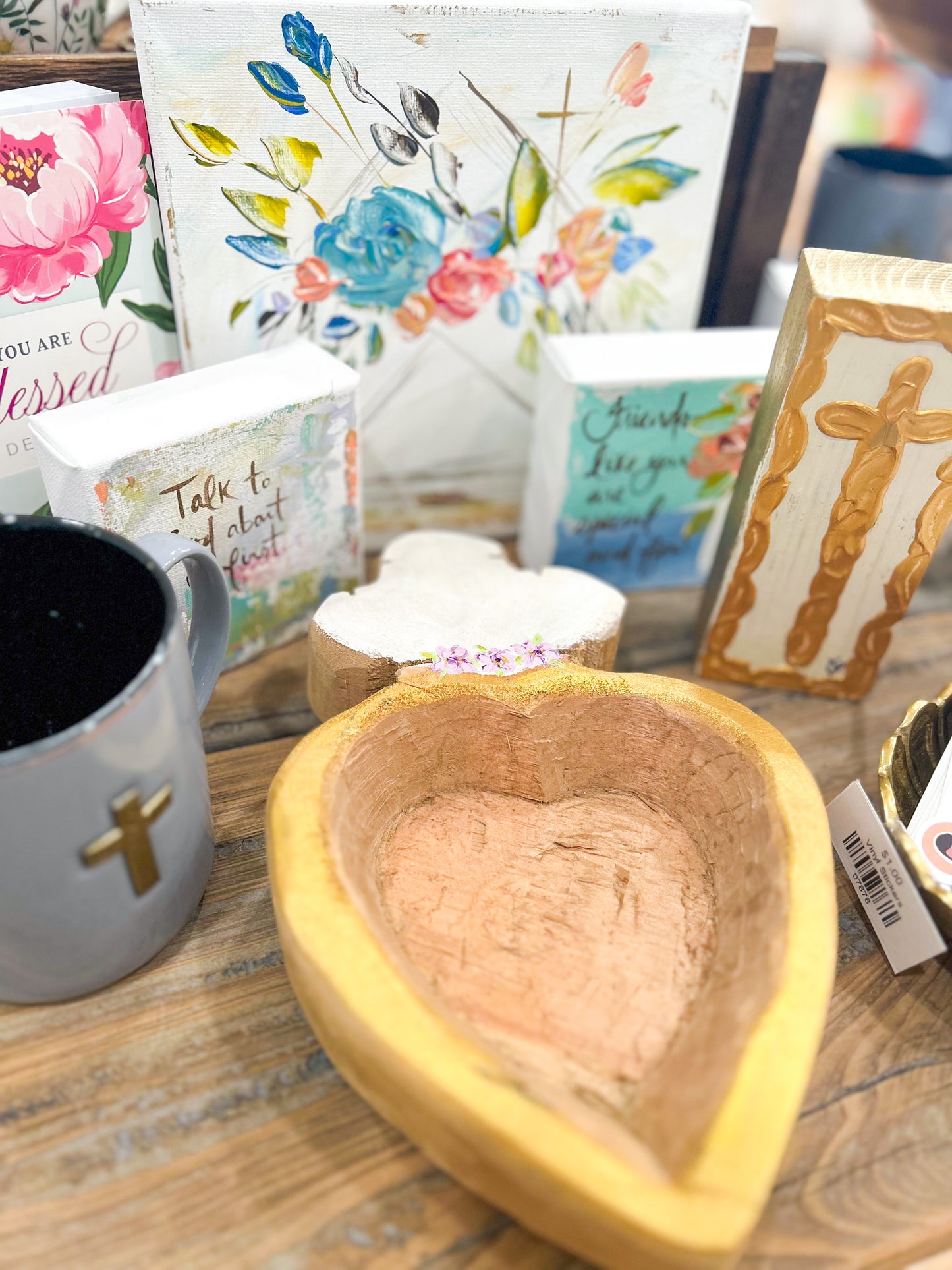 Heart Wooden Prayer Bowl- Purple Flowers