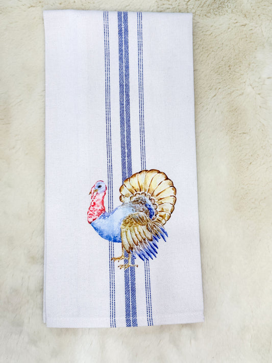 Thanksgiving Turkey Blue Striped Hand Towel