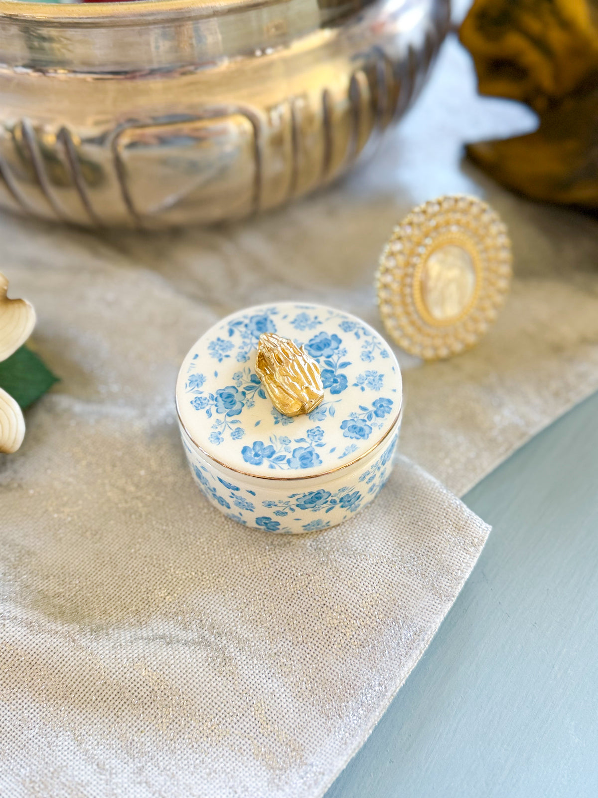 Prayer Hands Silhouette Blue Floral Ring Dish