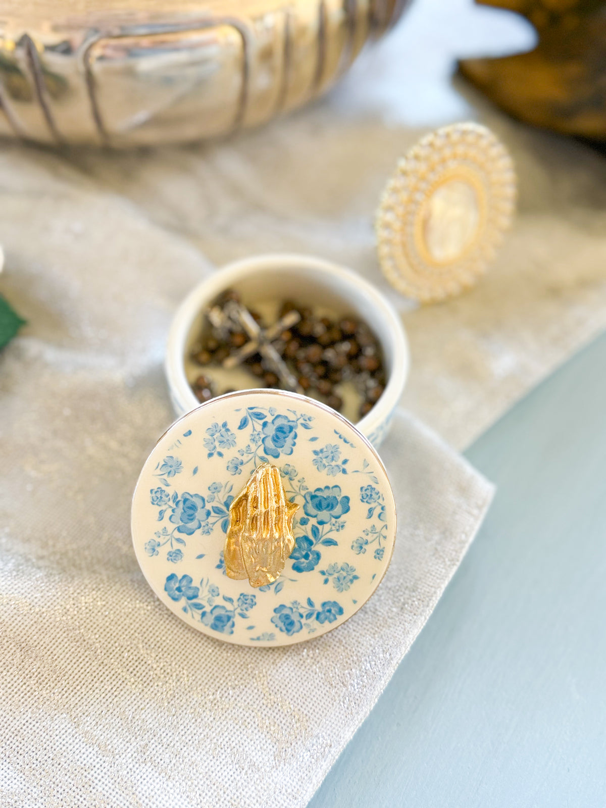Prayer Hands Silhouette Blue Floral Ring Dish