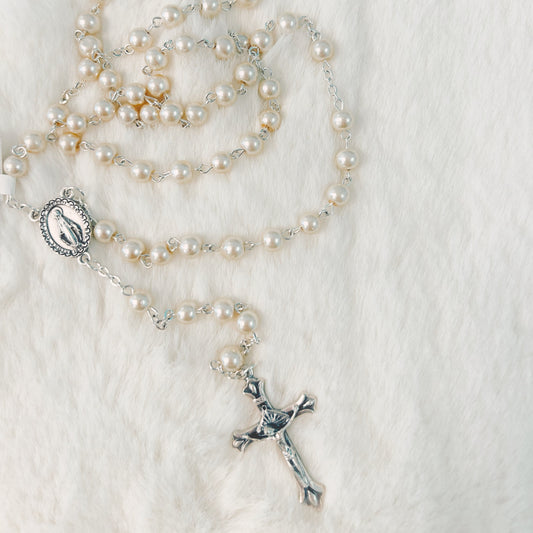 Rosary Pearl Glass Beads Miracle Medal