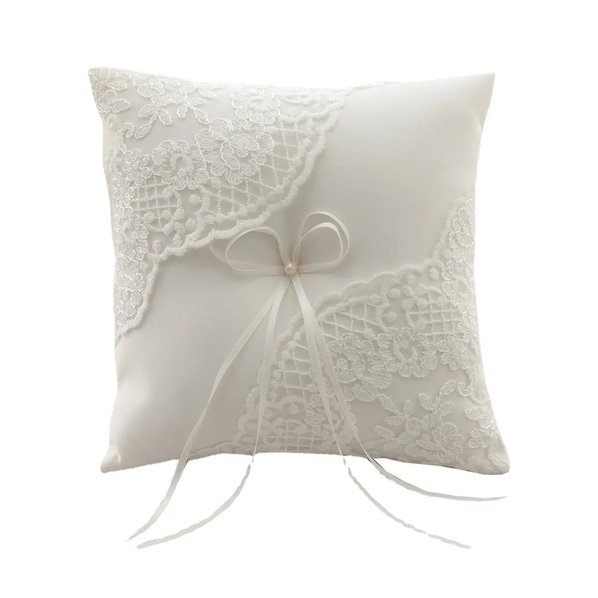 Ivory Wedding Ring Bearer Pillow-Satin, Lace, Pearl-RPL-P