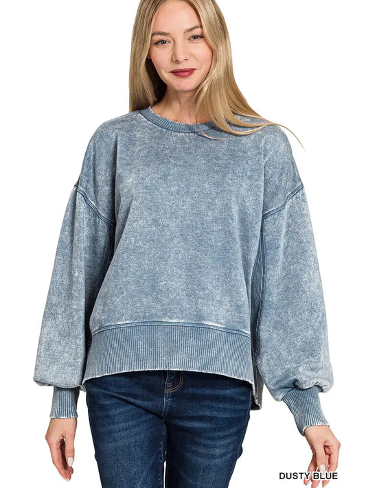 Acid Wash Fleece Oversized Pullover- Dusty Blue