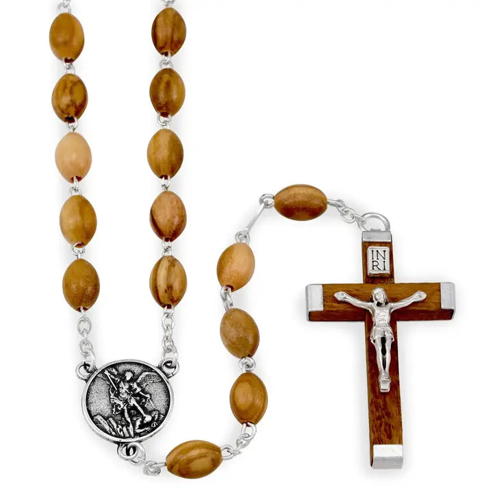 St. Michael Rosary Olive Wood Beads Wooden Crucifix