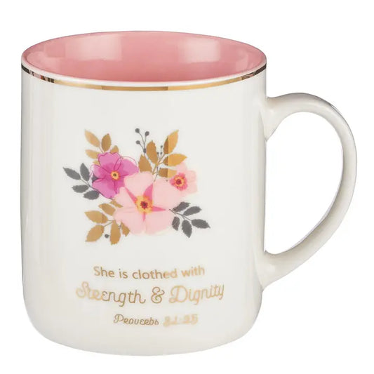 Mug White/Pink Floral Strength & Dignity