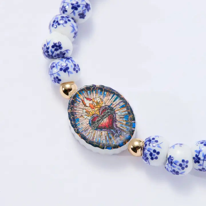 Holy Water Sacred Heart Bracelet - Porcelain Beads- Blue Porcelain Gold Spacers