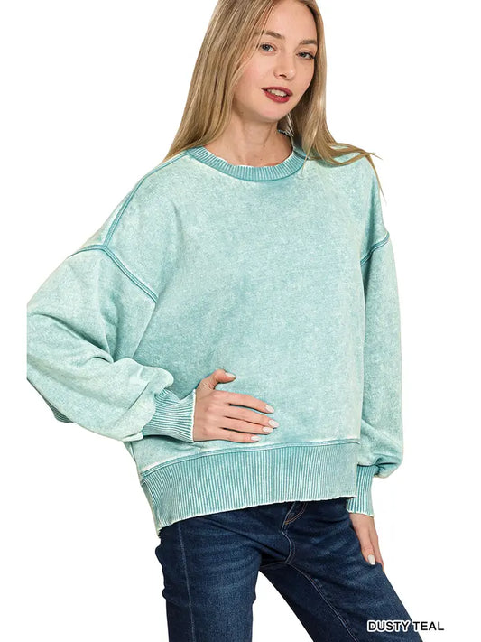 Acid Wash Fleece Oversized Pullover- Dusty Teal