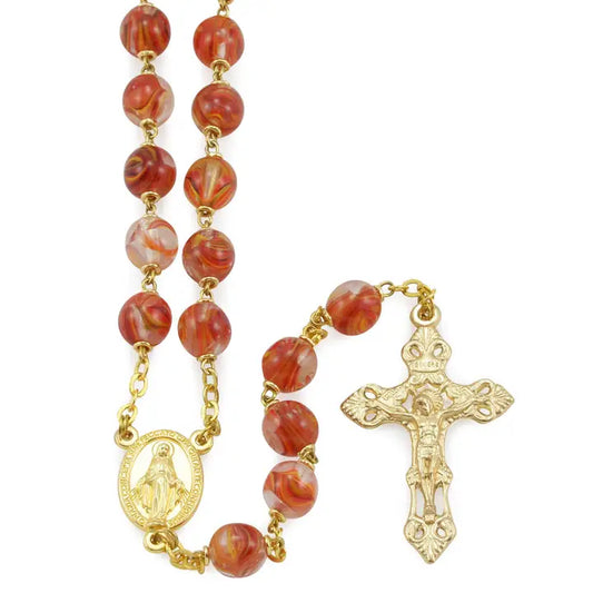 Rosary Red Millefiori Glass Beads Gold Tone