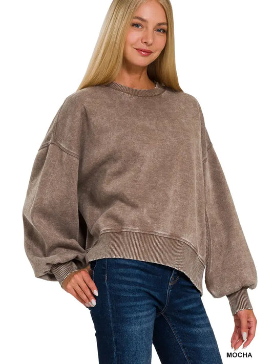 Acid Wash Fleece Oversized Pullover- Mocha
