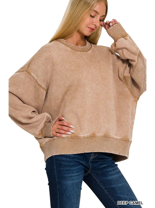Acid Wash Fleece Oversized Pullover- Deep Camel