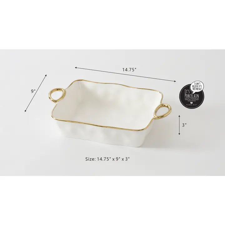 11x9 Rectangular Baking Dish With Handles White/Gold