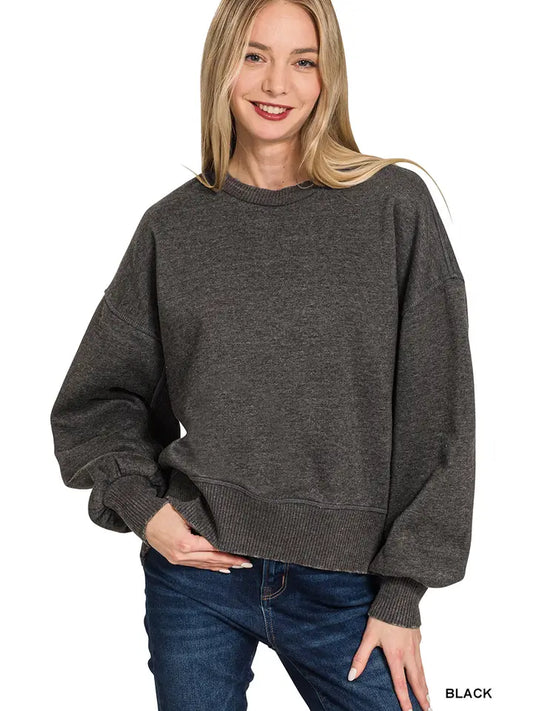Acid Wash Fleece Oversized Pullover- Black