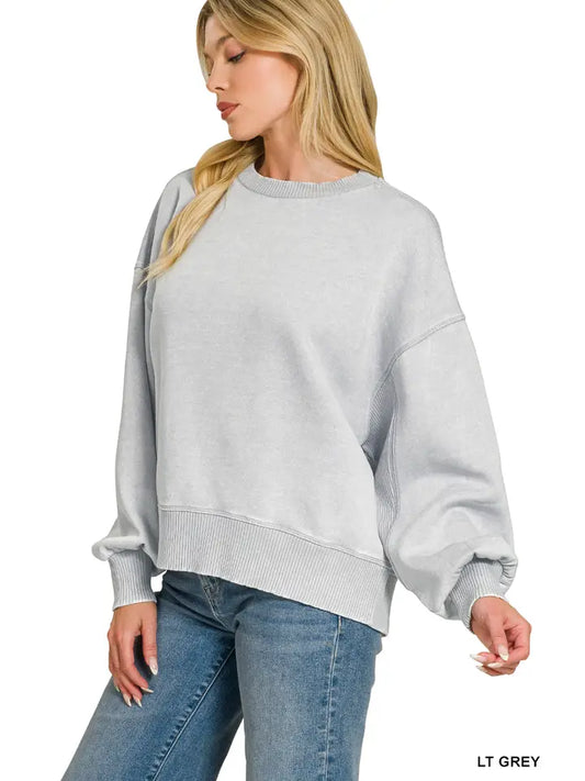 Acid Wash Fleece Oversized Pullover- Light Grey