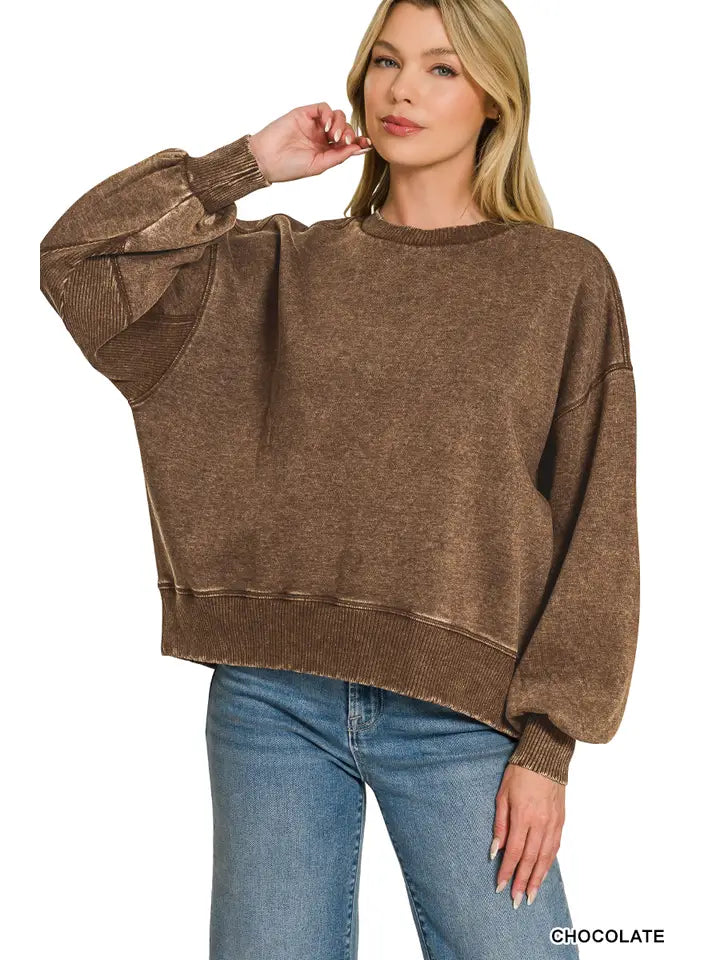 Acid Wash Fleece Oversized Pullover- Chocolate