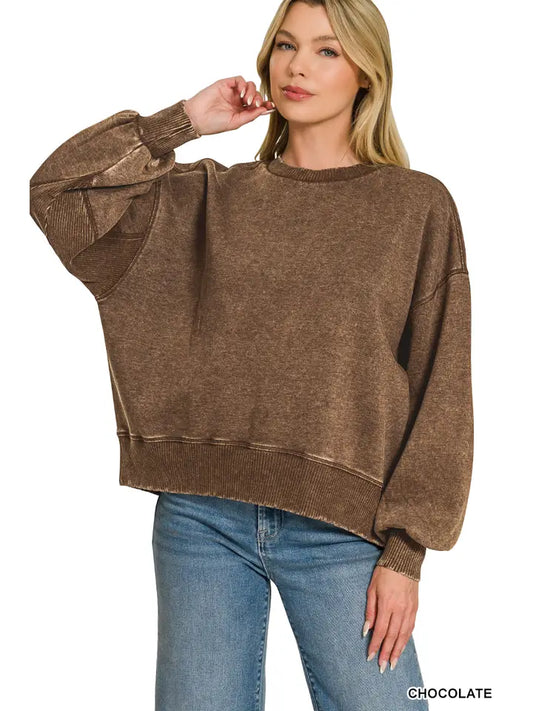 Acid Wash Fleece Oversized Pullover- Chocolate