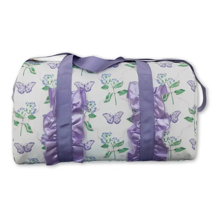 Lavender Ruffle Band Floral Butterfly Women Duffle Bag