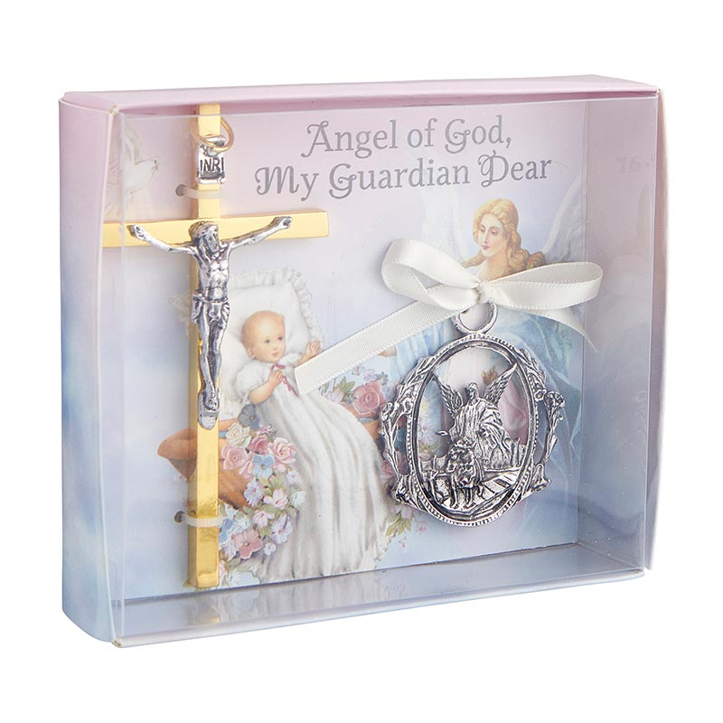 Crucifix with Guardian Angel Crib Medal