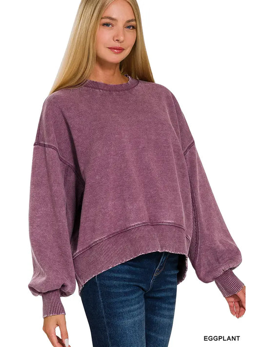 Acid Wash Fleece Oversized Pullover- Eggplant