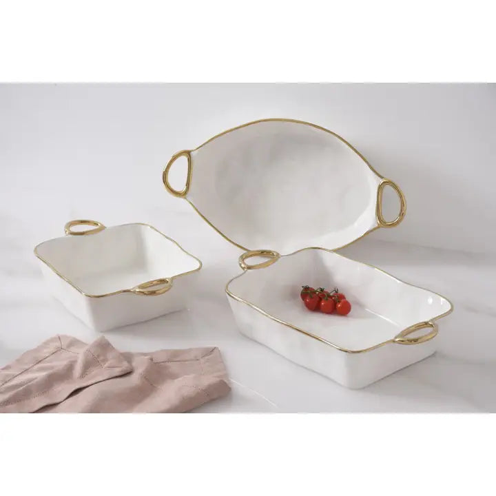 11x9 Rectangular Baking Dish With Handles White/Gold