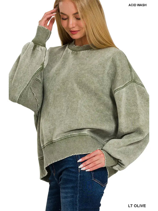 Acid Wash Fleece Oversized Pullover- Lt Olive