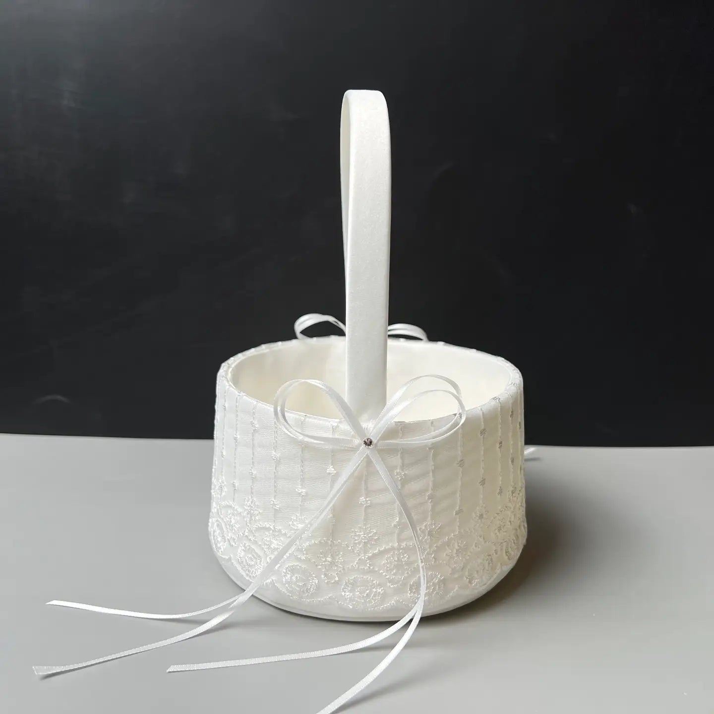 Round Wedding Flower Basket with Bows, Pearls, and Lace