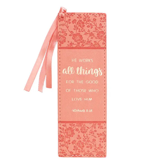 Bookmark Faux Leather Coral All Things Romans 8:28