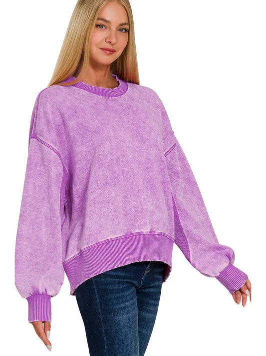 Acid Wash Fleece Oversized Pullover- Bright Violet