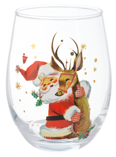 Retro Santa Wine Glass- Reindeer