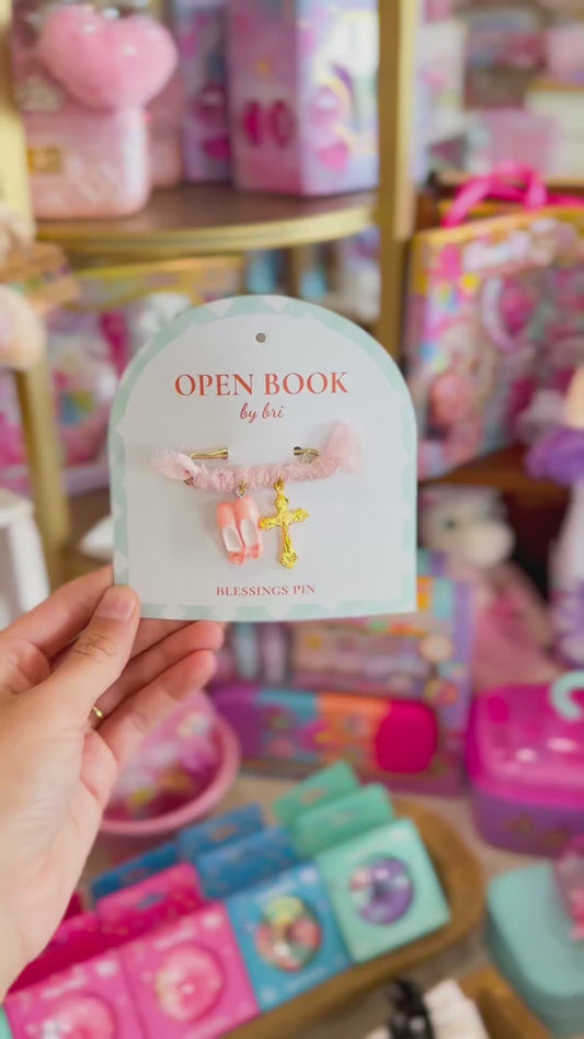 Open Book Med Pin/2 Charm: Ballet Shoes, Crucifix, & Pink Ribbon wrap